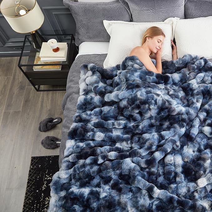 Cozy Bliss Faux Fur Throw Blanket for Couch, Fuzzy Soft Plush Thick Bubble Blanket for Sofa Bedroom Living Room, 108 * 90 Inches Tie Dye Blue-Ruum Studio Home