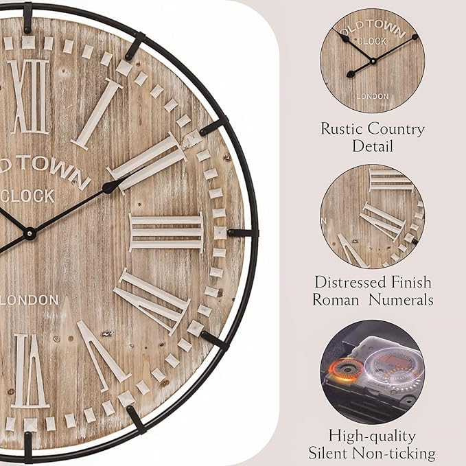 Farmhouse Wall Clock 30 Inch - Rustic Wood Metal Decor, Silent Sweep, Battery Operated for Living Room Kitchen Office, Brown-Ruum Studio Home