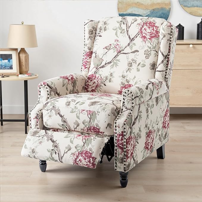 UIXE Pushback Recliner Chair, Fabric Upholstered Armchair Push Back Accent Chair for Living Room, Rivet Trim Home Theater Single Sofa Bedroom Reading Seat with Footrest - Beige Floral-Ruum Studio Home