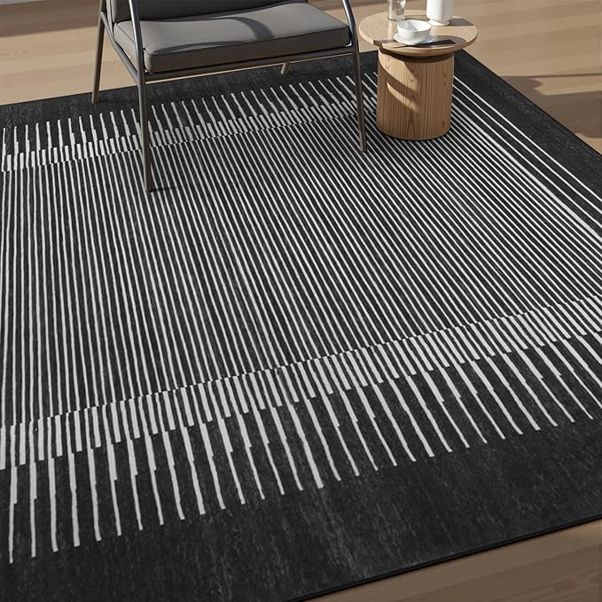 Wonnitar Washable Striped 5x7 Washable Area Rug, Non-Slip Black Berber Stripe Rugs for Living Room, Low Pile Minimalist Floor Carpet Rugs for Bedroom Dining Room Home Office (Black,5' x 7')-Ruum Studio Home