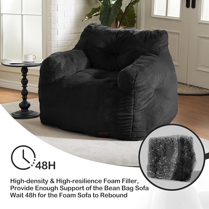 Hobestluk Bean Bag Chair for Adult Small Bean Bag Chairs with Arms Furry Beanbag Chair with Foam Filler Stuffed Bean Bag Sofa for Reading in Bedroom Living Room and Dorms (Black)-Ruum Studio Home