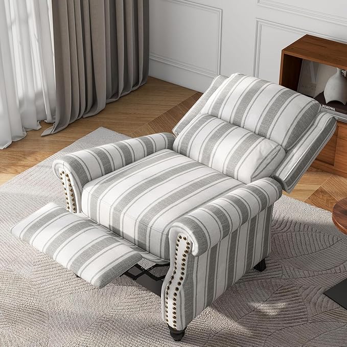 UIXE Pushback Recliner Chair Push Back Accent Chair, Fabric Overstuffed Armchair for Living Room, Rivet Trim Club Chair Home Theater Single Sofa Bedroom Reading Seat - Stripe Gray-Ruum Studio Home