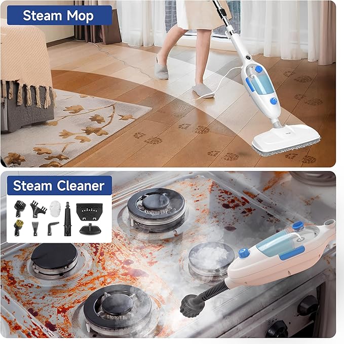 Steam Mop for Floor Cleaning, 10in1 Multi Purpose Handheld Steamer Cleaner Detachable for Vinyl, Laminate, Carpet, Tile Hard Floor Grout w/ 2 pad, 23ft Cord, 15oz Tank, Adjustable Steam & Height-Ruum Studio Home