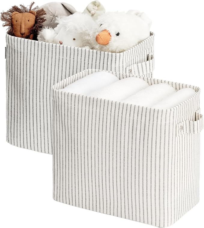 StorageWorks Narrow Storage Bins, Small Basket for Closet and Shelves, Rectangular Fabric Organizer with Handles, Toilet Paper Storage, Gray and White Stripes, 2-Pack-Ruum Studio Home