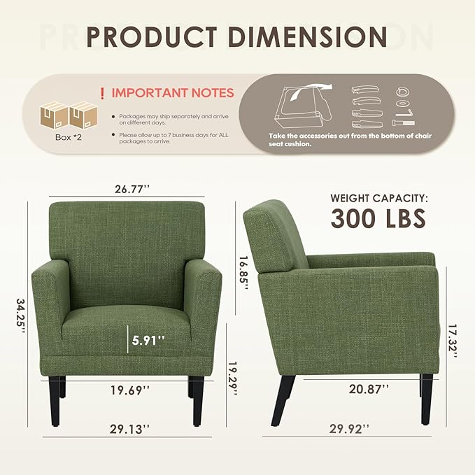 COLAMY Accent Chair Set of 2 for Living Room, Modern Upholstered Fabric Accent Armchair with Back, Soft Single Sofa Chair with Arms for Bedroom/Office/Reception Room, Green-Ruum Studio Home