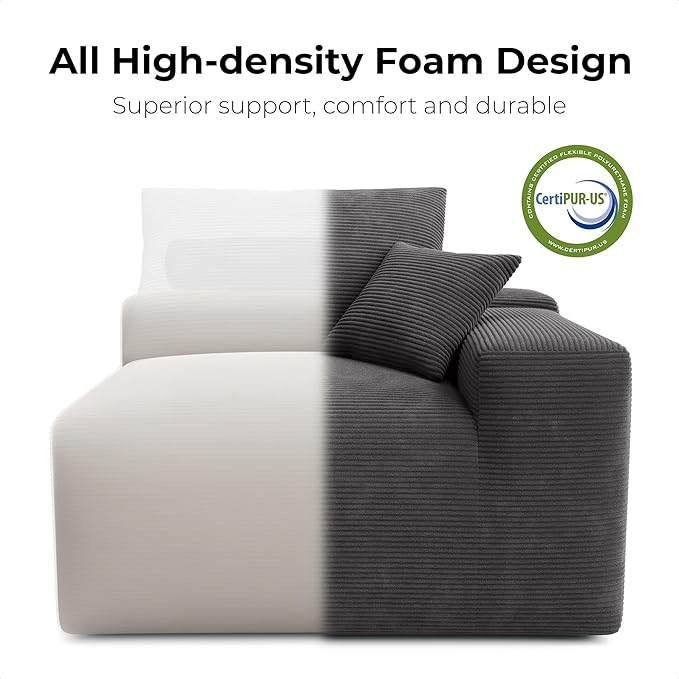 LIKIMIO 120" Modern L-Shaped Modular Sectional Sofa for Living Room, Corduroy Upholstery Dark Grey, Oversized 3-Seater Couch with Deep Seat and Movable Ottoman – No Assembly-Ruum Studio Home