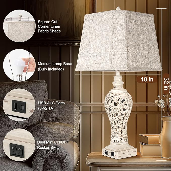 32" Tall Table Lamps Set of 2 - Bedside Lamp with Fabric Shades - for Bedroom and Living Room with USB and Nightlight - Perfect for Nightstands and Bedrooms - Bulbs Included-Ruum Studio Home