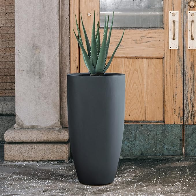 Kante 23.6" H Charcoal Concrete Tall Planters (Set of 2), Large Outdoor Indoor Decorative Plant Pots with Drainage Hole and Rubber Plug, Modern Style for Home and Garden-Ruum Studio Home