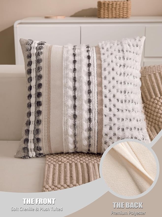Boho Chenille Tufted Couch Throw Pillow Covers 18x18 Inch Set of 2 Farmhouse Striped Decorative Pillow Covers Accent Neutral Square Pillowcase Grey Cushion Covers for Livingroom Sofa Bed-Ruum Studio Home
