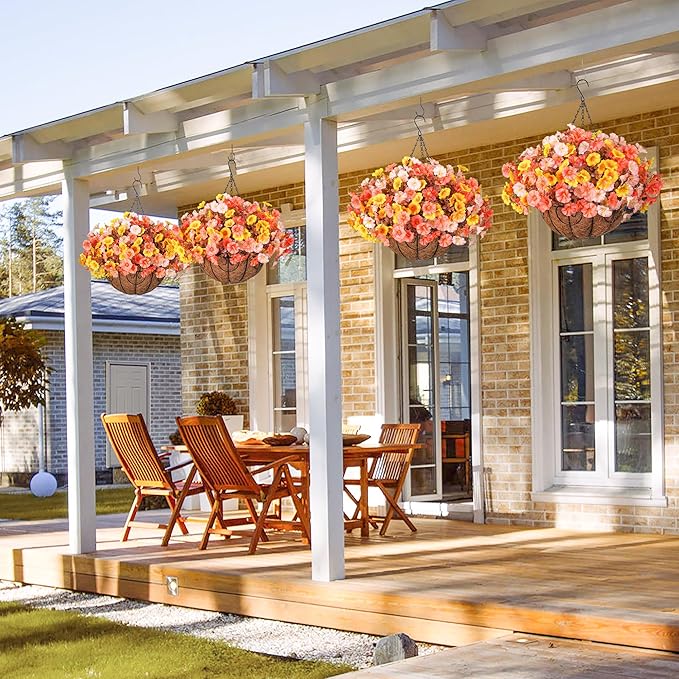 Artificial Fall Flowers Fake Hanging Plants Flowers Basket for Outdoors Autumn Decoration, Silk Morning Glory with Eucalyptus Look Real UV Resistant Faux Flowers for Outside Porch Patio Balcony, Mix-Ruum Studio Home