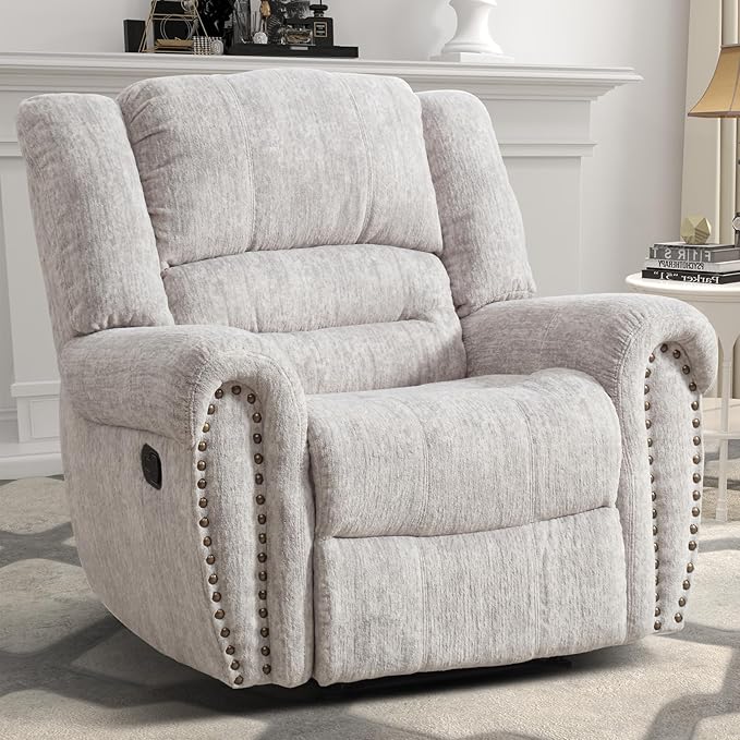 CANMOV Manual Recliner Chair, Classic and Traditional Manual Recliner Chair with Comfortable Arms and Back Single Sofa for Living Room, White Grey-Ruum Studio Home