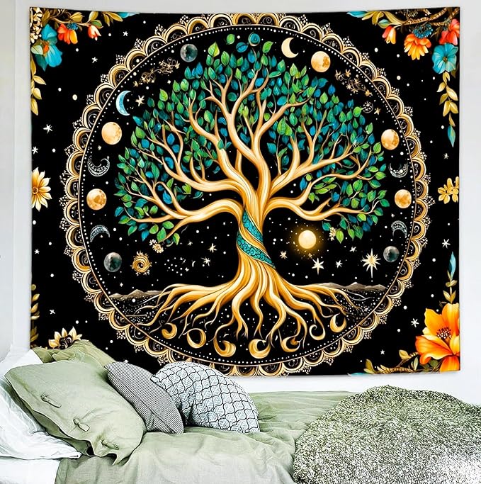 Delur Tree of Life Tapestry Moon Phase Nature Flower Plant Tapestry Wall Hanging Boho Mandala Spiritual Sun Aesthetic Psychedelic Headboard for Bedroom Living Room Home Decor (70.8" x 92.5")-Ruum Studio Home
