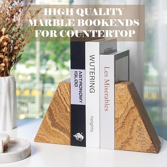 Marble Bookends for Heavy Books, Decorative Book Ends for Shelves, Unique Marble Stone Durable and Heavy Book Ends for Hardback Books & CDS, Book Stopper/Holder, Set of 2(Moca Jade)-Ruum Studio Home