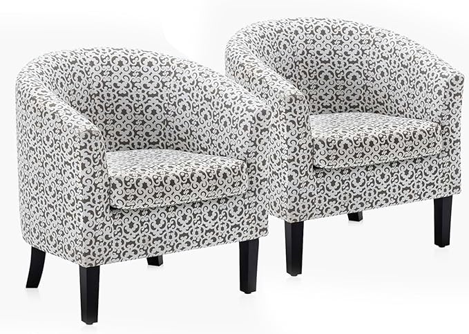 BELLEZE Accent Barrel Chair Set of 2, Linen Round Chair Club Tub Sofa Corner Chair with Flared Legs and Cozy Soft Padding for Living Room Bedroom Waiting Room - White & Brown-Ruum Studio Home