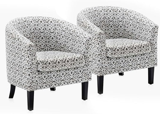 BELLEZE Accent Barrel Chair Set of 2, Linen Round Chair Club Tub Sofa Corner Chair with Flared Legs and Cozy Soft Padding for Living Room Bedroom Waiting Room - White & Brown-Ruum Studio Home