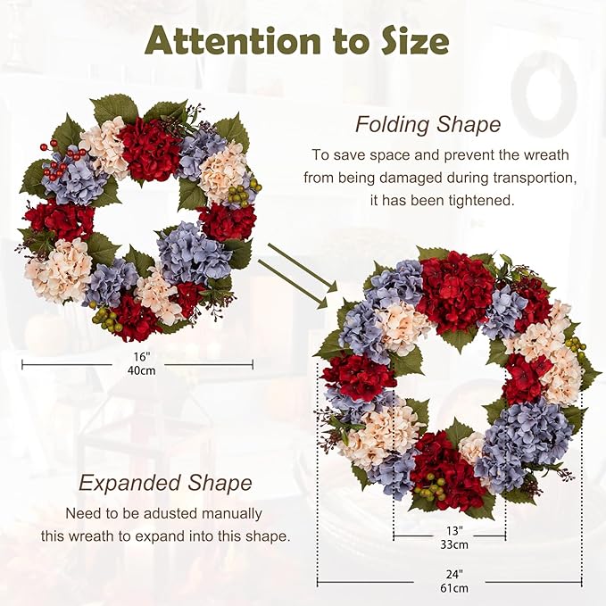 Fall Wreaths for Front Door, 24 inch Autumn Wreath with Hydrangeas Berries Large Fall Door Wreath Artificial Hydrangea Flowers Wreaths Autumn Decorations for Farmhouse Thanksgiving Harvest Door Wall-Ruum Studio Home