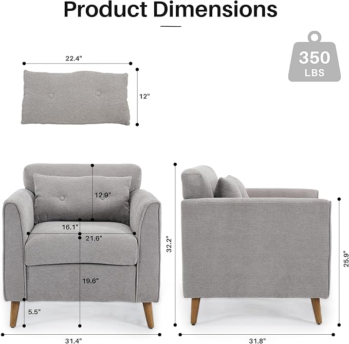 Mid Century Modern Accent Chairs, Chenille Grey Upholstered Armchair,Living Room Chairs with Wooden Legs, Side Single Sofa Chair for Bedroom, Office Cafe Waiting Room Apartment-Ruum Studio Home
