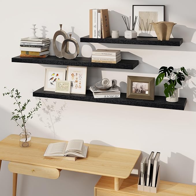 Black Floating Shelves 48 Inch Long, 8 Deep Floating Shelves for Wall, Rustic 48" Long Fireplace Mantel, Large 48 x 8 Wall Shelves for Bedroom, Living Room, Bathroom, Black Deep Shelves Set of 1-Ruum Studio Home