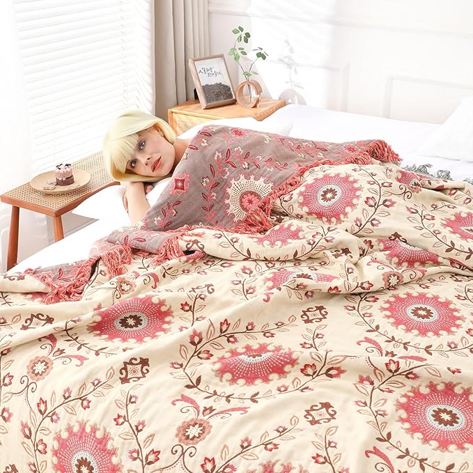 Snycler Boho Throw Blanket for Bed - 100% Cotton Ultra Soft Rustic Quilt - Pink Boho Floral Printed Farmhouse Decor Bed Blankets, 80"×90" All Season Rustic Throw for Sofa Couch Chair-Ruum Studio Home
