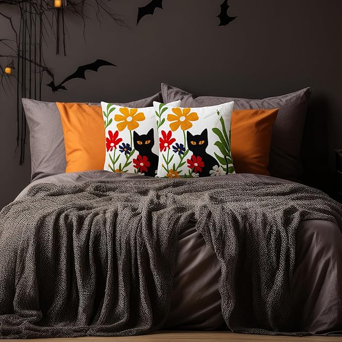 Merrycolor Embroidered Pillow Covers 18x18 Black Cat and Flower Pattern Halloween Decorative Throw Pillow Covers Comfortable Cotton Canvas Square Couch Cushion Cases for Sofa Bed Living Room Decor-Ruum Studio Home