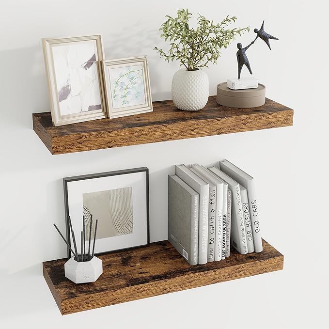 24 inch Floating Shelves Long Floating Shelves for Wall Large Wall Mounted Shelves with Invisible Brackets, Brown Shelves for Bathroom, Living Room, Kitchen, Office, 24x6.7 inch deep Set of 2-Ruum Studio Home