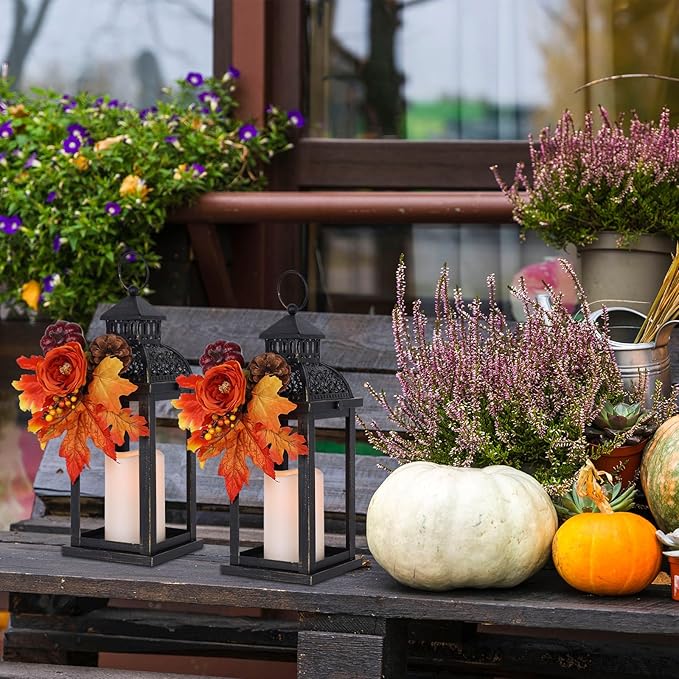 NEEDOMO Fall Decorations for Home, 2 Pcs 15'' Fall Lantern Indoor Outdoor Thanksgiving Decor, Vintage Metal Hanging Candle Holders with Fall Teardrop Wreath and LED Candle for Patio, Porch, Table-Ruum Studio Home