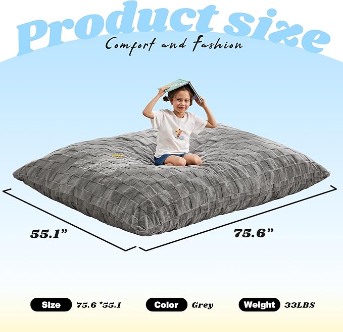 Hobestluk 3 in 1 Bean Bag Chair Giant Bean Bag Chairs for Adults with Plaid Cover Convertible Bean Bag Floor Cushion with Machine Washable Cover for Living Room (Plaid Grey)-Ruum Studio Home