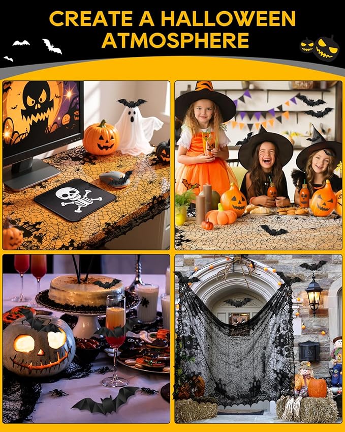eZAKKA Halloween Table Cloth with 16 Pcs Bats Wall Decor, Spider Web Table Cloth Black Tablecloth Lace Fabric Table Cloths for Rectangle for Parties Gothic Spooky Home Decorations, 53x68 Inch-Ruum Studio Home