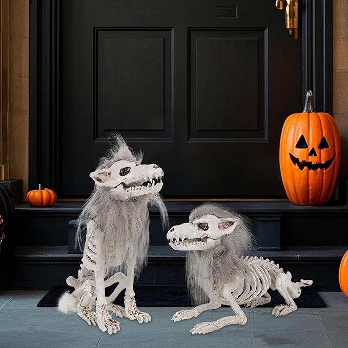 DR.DUDU 2 Pack Halloween Skeleton Wolf Decorations, Life Size Animals Skeletons Poseable Halloween Decor Plastic Bones with Hair Wolf Skull Figurines for Table Yard Lawn Party Props Décor-Ruum Studio Home