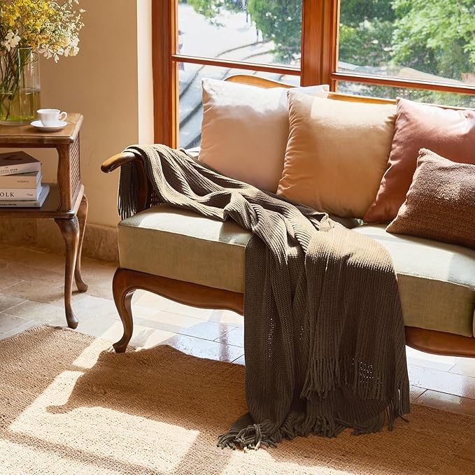 lifein Throw Blanket for Couch, Soft Boho Decor Bed Throw,Cozy Brown Knitted Chenille Small Farmhouse Lightweight Throw for Spring(Brown,50 * 60")-Ruum Studio Home