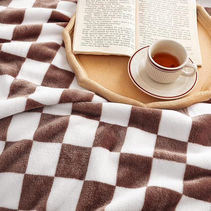LOMAO Throw Blankets Flannel Blanket with Checkerboard Grid Pattern Soft Throw Blanket for Couch, Bed, Sofa Luxurious Warm and Cozy for All Seasons (Coffee, 50"x60")-Ruum Studio Home