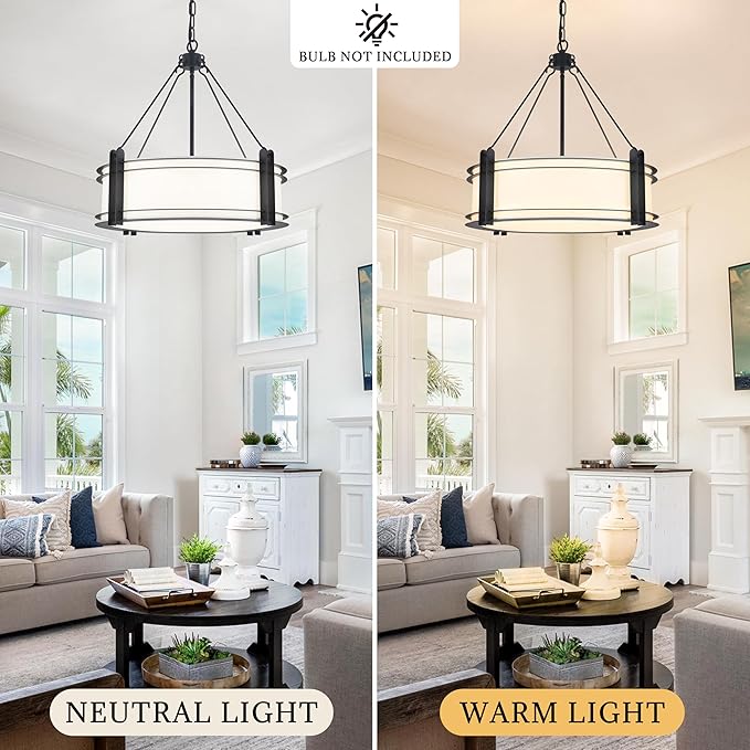 20.4''Drum Chandelier,5-Light Fabric Modern Chandeliers,Black Farmhouse Round Pendant Light Fixture for Dining Room Kitchen Island Living Room Bedroom Hallway-Ruum Studio Home