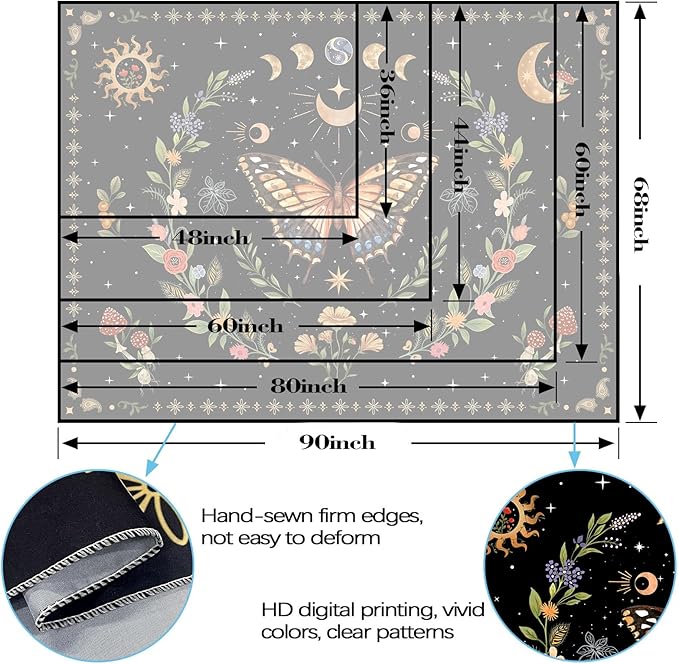 Lunerfex Boho Butterfly Tapestry Flower Moon Wall Tapestry, Moon Phases Tapestries for Bedroom Cute Tapestries Wall Hanging for Bedroom Living Room Decor Butterfly-1 60"x80"-Ruum Studio Home