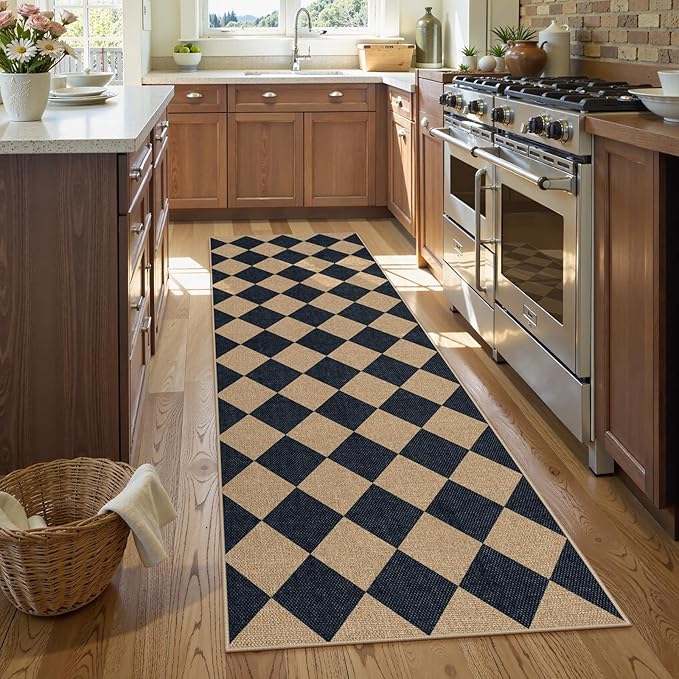 Lahome Checkered Easy Jute Runner Rug, 2x8 Hallway Kitchen Runner Rug Non Slip Washable Outdoor Carpet for Entryway Indoor, Checkerboard Black Indoor Outdoor Carpet for Hallway 8ft Entry-Ruum Studio Home