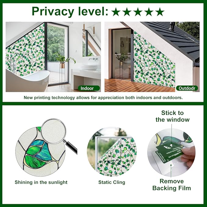 Window Privacy Film Stained Glass Decorative Static Clings Frosted Window Tint for Home Room Decor Bathroom Door Car Stickers with Glittering Effect, Removable(Blue & Green pothos Botanical)-Ruum Studio Home