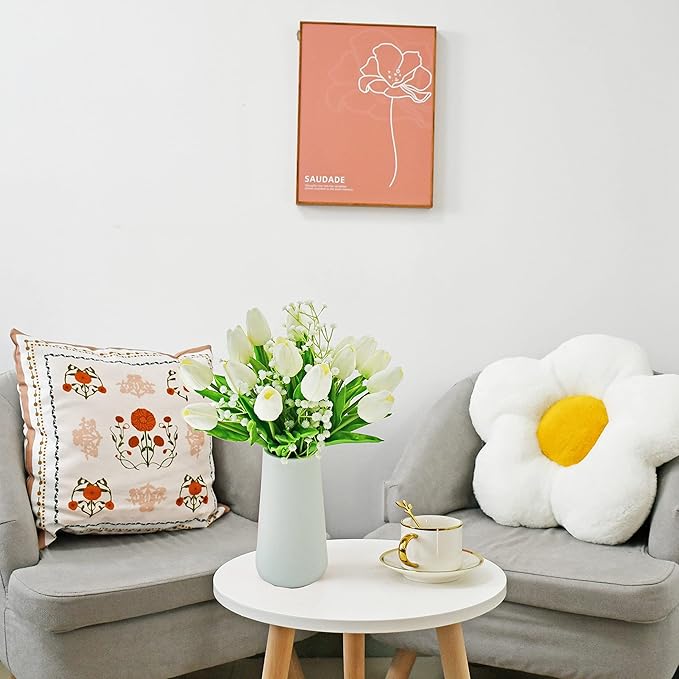 Mandy's Artificial Tulips 20 Stems White with 3pcs White Baby's Breath PU Faux Flowers for Wedding Home Decor 13.5 Inch-Ruum Studio Home