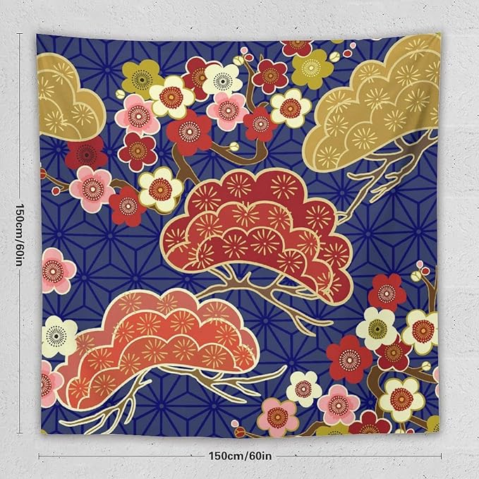 HZOHNAGO Japanese Tapestry Art Abstract Colorful Cherry Blossom Blue Background Pattern Printed Wall Tapestry Painting Wall Hanging for Bedroom Living Room Dorm 60" W x 60" H-Ruum Studio Home