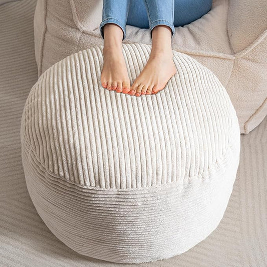 HIGOGOGO Round Stuffed Pouf Ottoman, Corduroy Poufs with Foam Chunk Filling, Furry and Fluffy Pouf Foot Stool Storage Ottoman, 26 X 18 Floor Poufs Foot Rest for Living Room, Beige-Ruum Studio Home