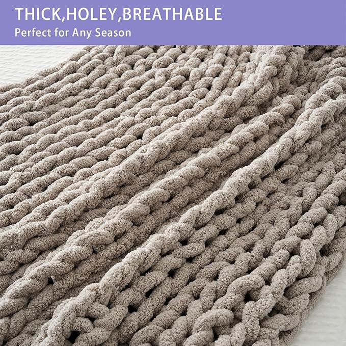 Bigacogo Chunky Knit Throw Blanket for Couch, 80x90 inches, 100% Hand Knitted with Thick Jumbo Chenille Yarn, Cozy Soft Large Rope Knot Cable Crochet Blankets for Sofa Bed Living Room, Taupe-Ruum Studio Home