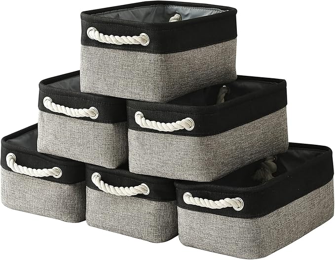 TcaFmac Storage Basket for Shelves - Small 6 Pack Fabric Storage Bins for Organizing, Collapsible Storage Cubes with Handle for Closet Cloth Toy Gift Kids (Black & Grey 11.8 x 7.8 x 5.2 inch)-Ruum Studio Home