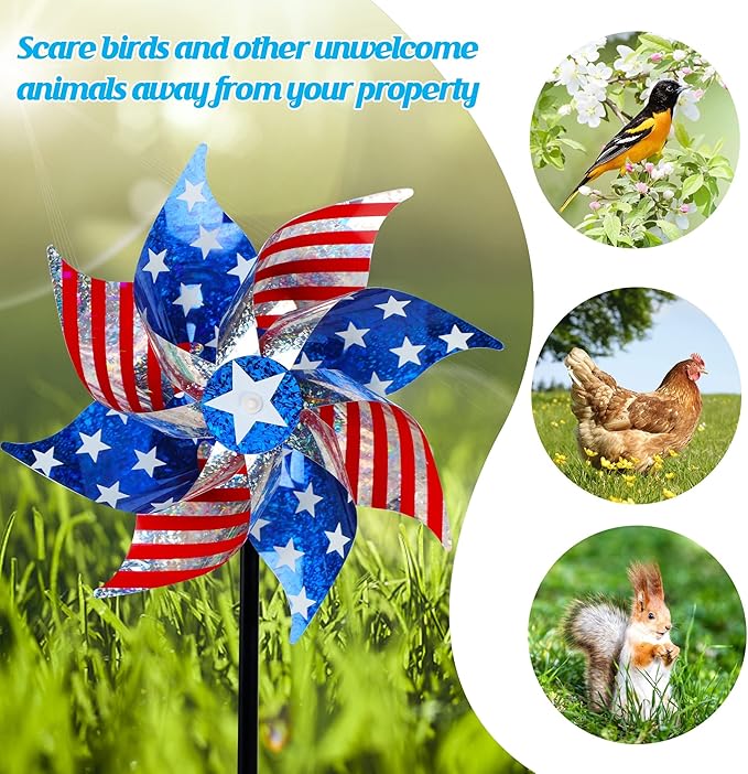 Hausse 10 Pack Reflective Pinwheels Patriotic Decorations, American Flag on Stick Wind Spinner with Stake for Independence Day, Memorial Day July of 4th Party Supplies, Scare Birds Repellent Devices-Ruum Studio Home