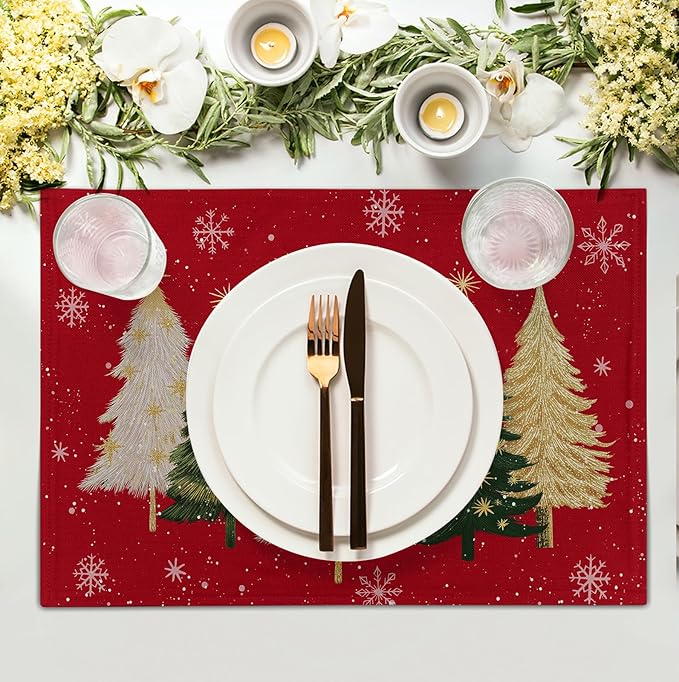 Red Christmas Tree Placemats Set of 4, 12x18 Inch Xmas Trees Snowflakes Winter Holiday Place Mats Seasonal Washable Linen Table Mat for Indoor Outdoor Kitchen Dining Party Decor-Ruum Studio Home