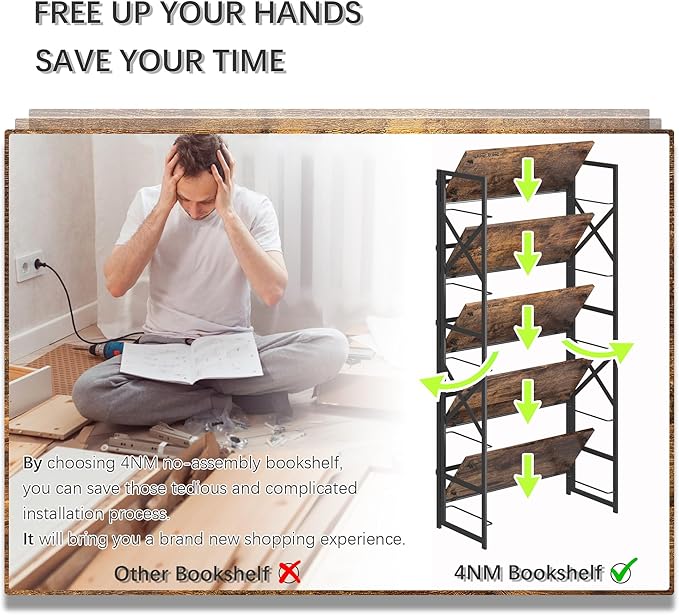 4NM 5 Tiers No Assembly Book Shelves, 51.2" H Folding Bookshelf Bookcase Open Industrial Foldable Shelves for Bedroom, Living Room, Home Office - Rustic Brown Black-Ruum Studio Home