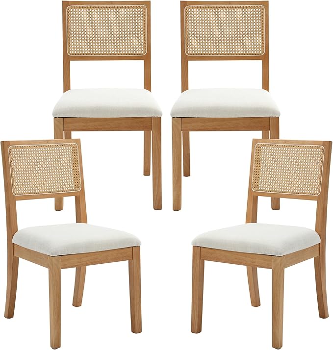 Westice Rattan Dining Chairs Set of 4, Farmhouse Natural Dining Room Chairs with Upholstered Cushion, Wood Armless Chairs for Kitchen/Restaurant-Ruum Studio Home