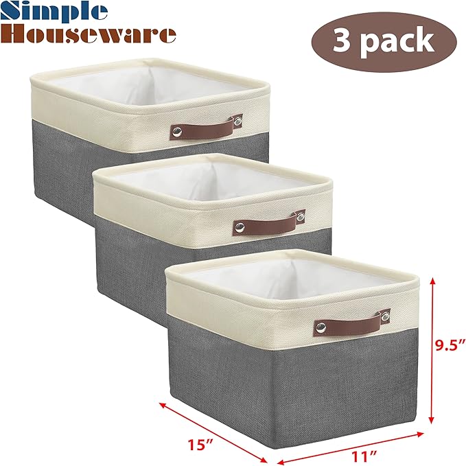 SIMPLE HOUSEWARE Large Fabric Storage Bin, 15" x 11" with Leather Like Handles, 3 Pack, Dark Gray-Ruum Studio Home