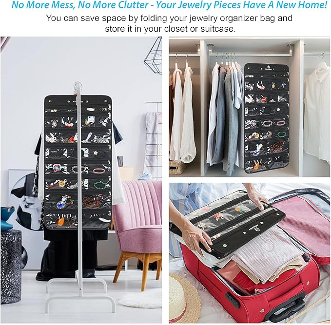 Freegrace Hanging Jewelry Organizer Revolving Hanger - Secure Zipper Closure - 25 Pockets,23 Hooks - Foldable Storage & Display Solution - for All Jewelry & Bijoux (Black)-Ruum Studio Home