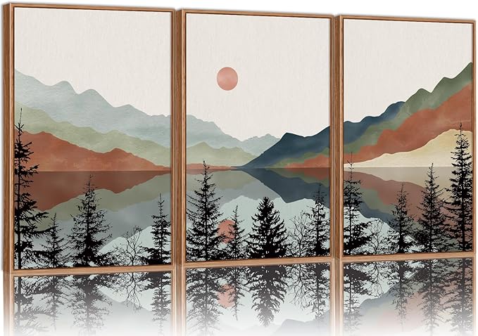 Tinonedraw Boho Mountain Framed Canvas Wall Art Set, Watercolor Nature Landscape Wall Decor, Black Pine Forest Artwork, Modern Sunrise Art Prints for Living Room, Bedroom, Office 16"x24"x3-Ruum Studio Home