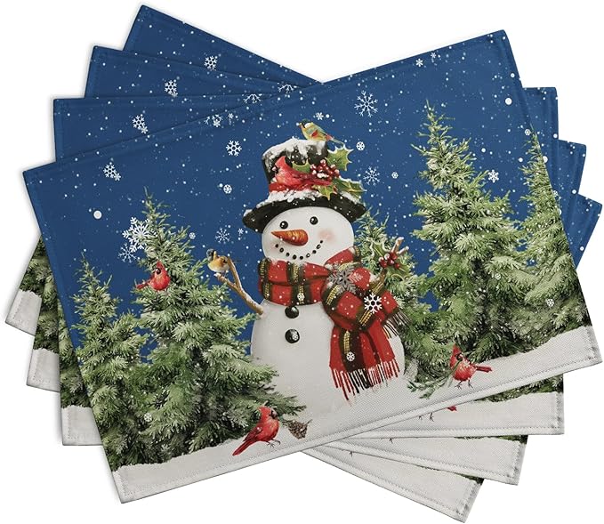Blue Snowman Christmas Placemats Set of 4 Xmas Tree Cardinal Snowflakes Linen Table Mats Seasonal Winter Holiday Place Mats Washable Placemat for Party Kitchen Dining Outdoor Indoor Decor-Ruum Studio Home