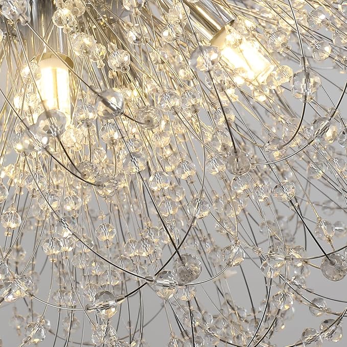 Dandelion Crystal Chandelier with Chrome, Modern Large Sputnik Hanging Lamp, Sunflower Beaded Pendant Light Fixtures High Ceiling for Living Room Bedroom Dining Room (Chrome 16Lights)-Ruum Studio Home