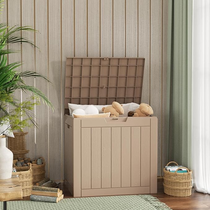 36 Gallon Outdoor Deck Box,Storage Lockable Waterproof Patio Furniture,Garden Tools,Cushions,Pool Accessories Outside Storage Resin Box(Grey)-Ruum Studio Home